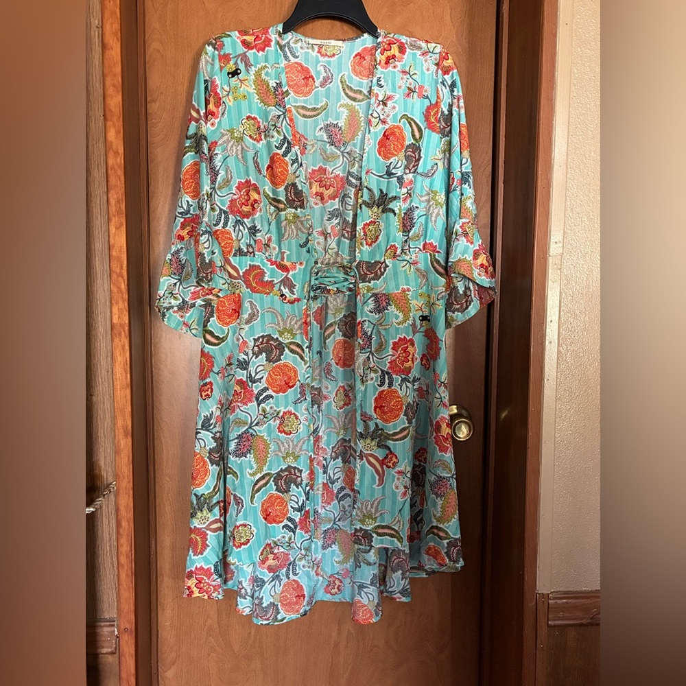 Floral Aqua Wrap Dress with Tie Waist Tunic Medium Boho Festival Resort Beach